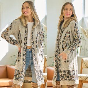 Women's Fall Beige Long Aztec Zippered Cardigan Sweater Jacket Coat with Hoodie